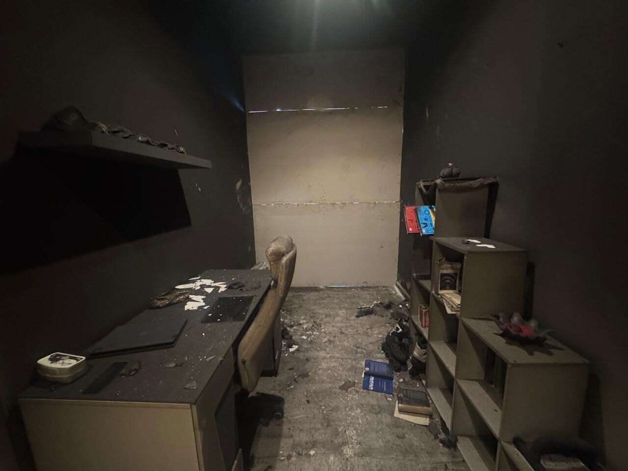 Smoke-damaged study room